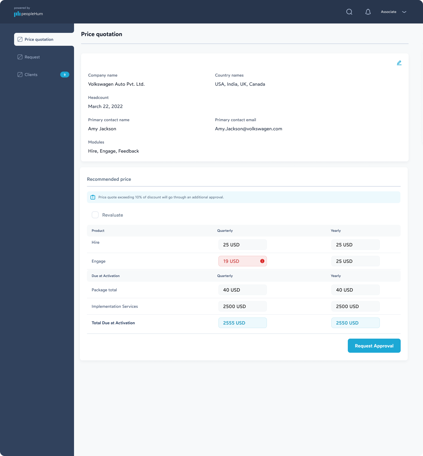 peopleHum billing portal screen: Price quotation — Sales Associate
