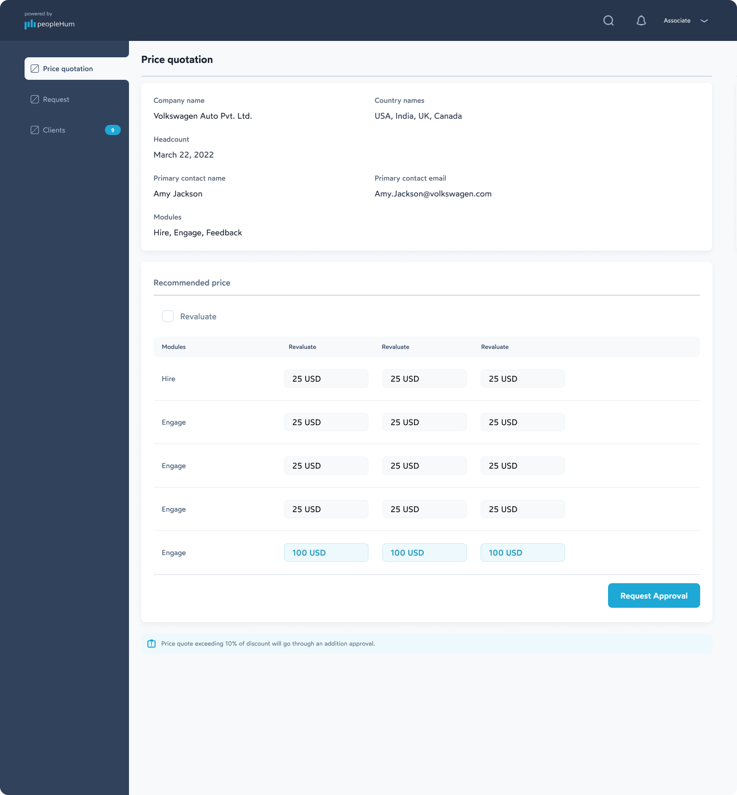 peopleHum billing portal screen: Price quotation — Pricing Admin