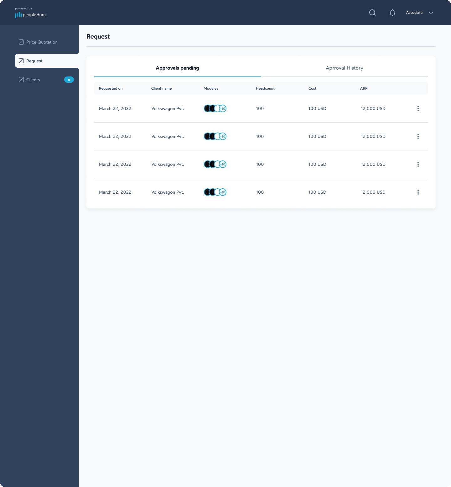 peopleHum billing portal screen: Approvals pending — Sales Associate
