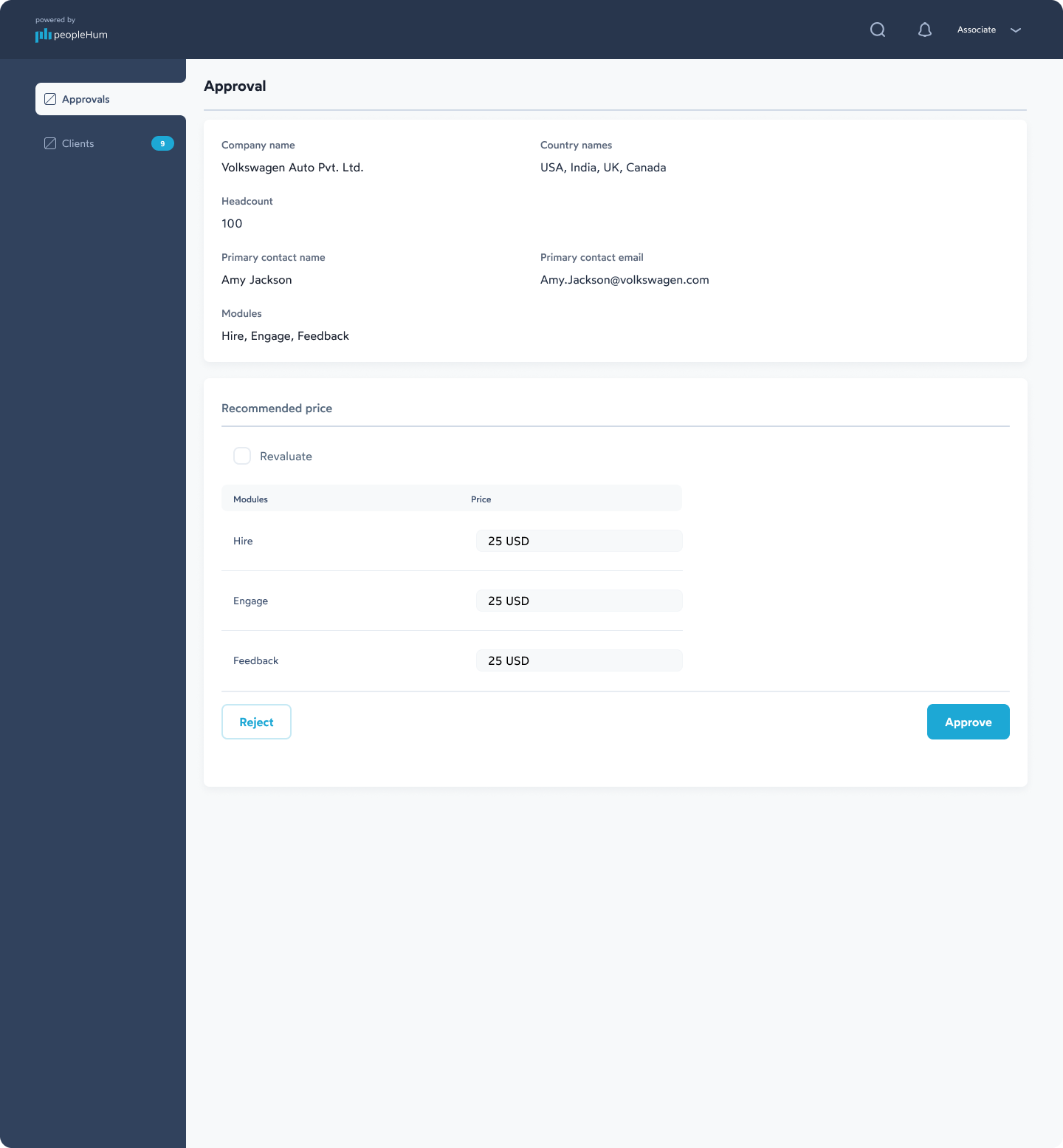 peopleHum approval screen from the business owner view, showing client details, recommended module pricing and approve/reject actions